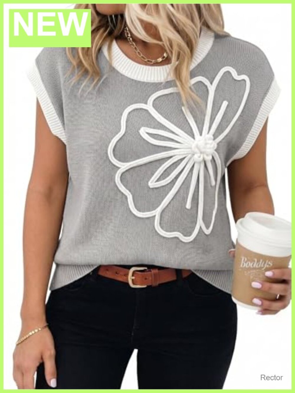 Embroidered Floral Knit Sweater Vest Cap Sleeve Loose Fit Pullover Top